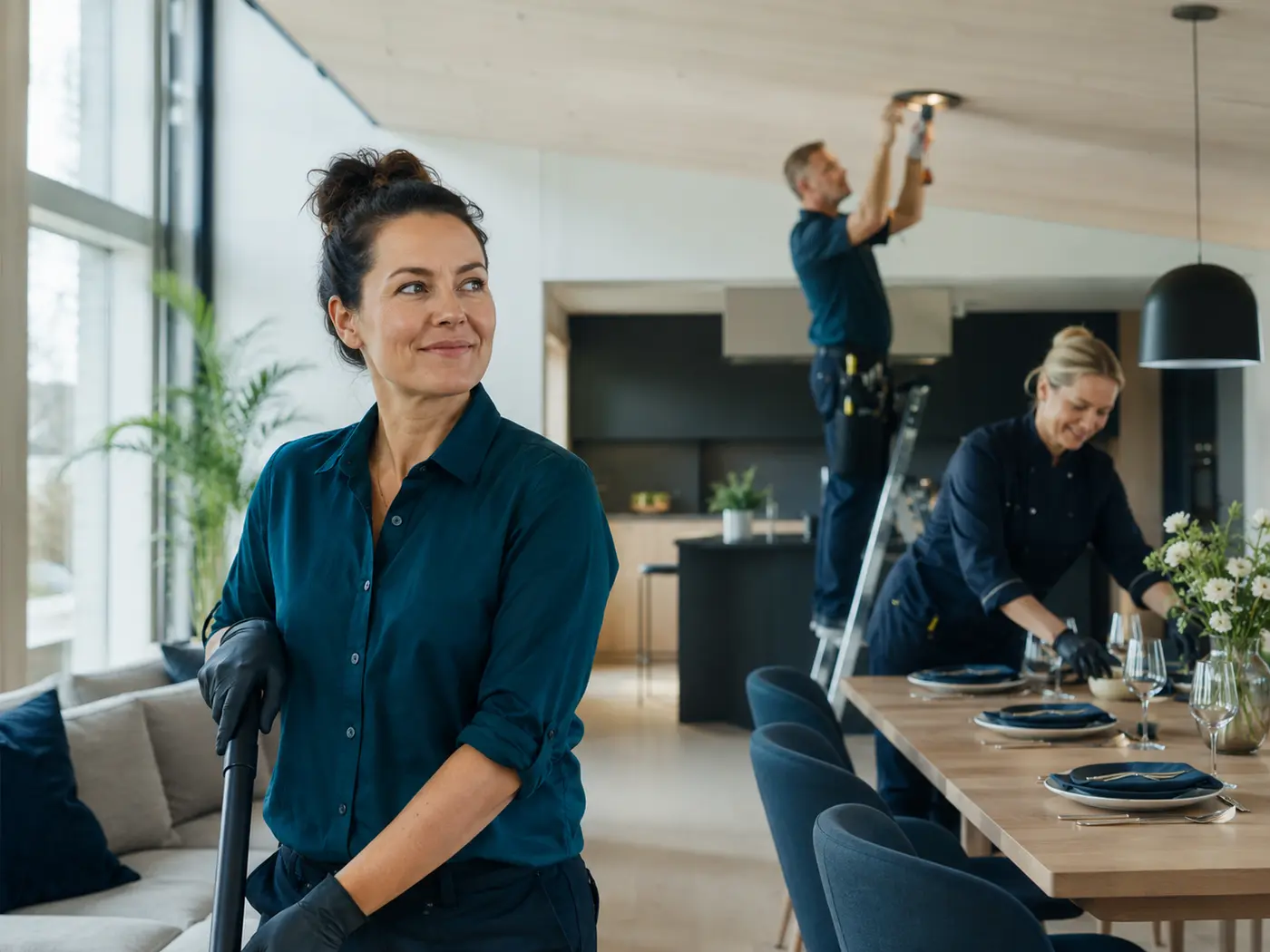 Kuvitus palvelualan ammattilaisista valoisassa kodissa